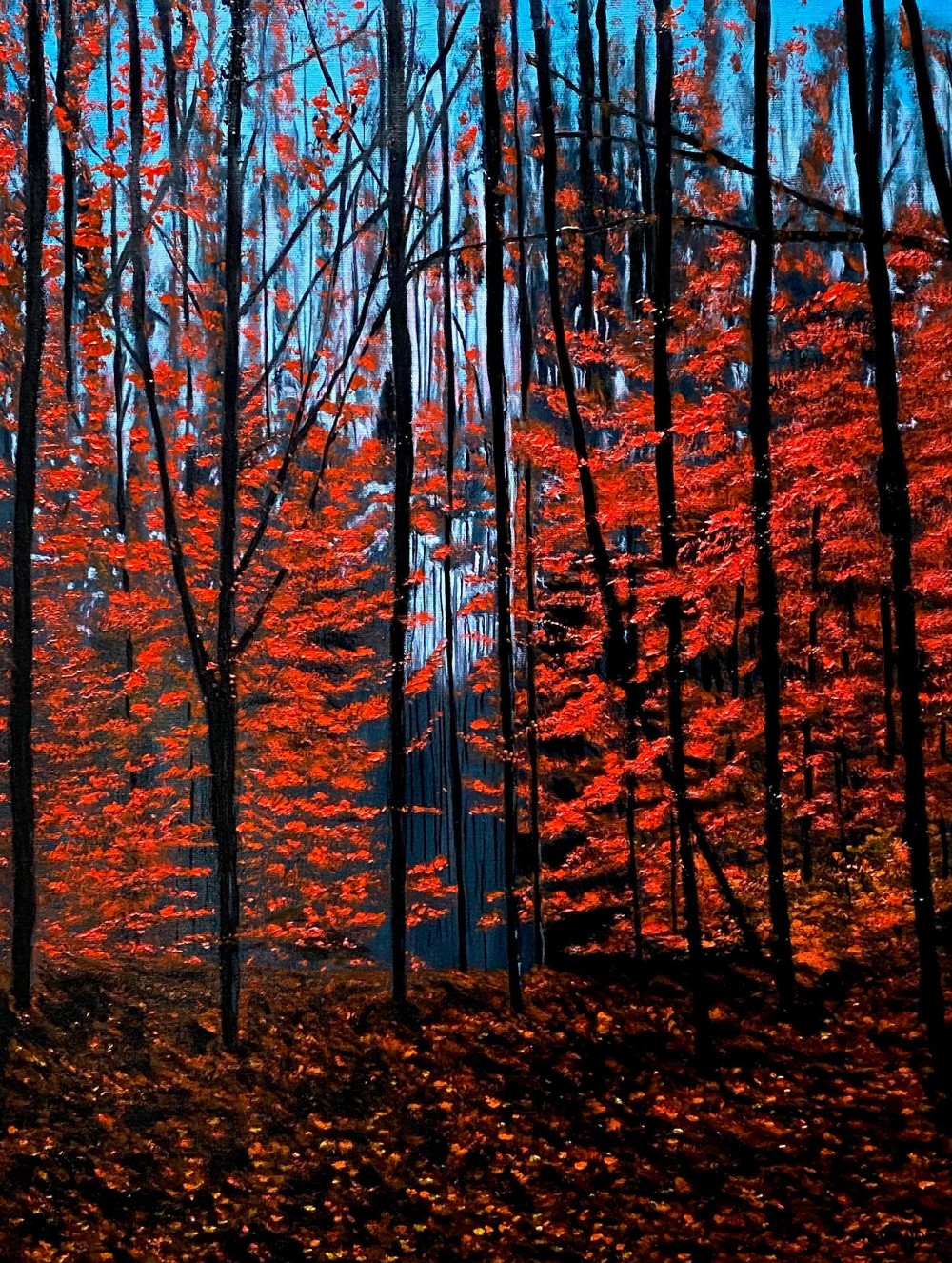 Sky Blue Fall Red Forest Oil Painting