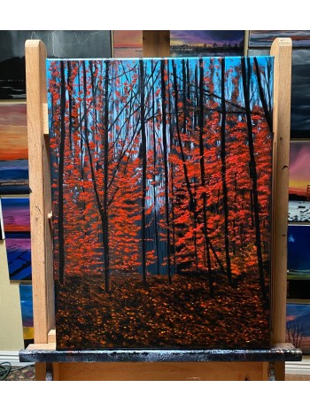 Sky Blue Fall Red Forest Oil Painting