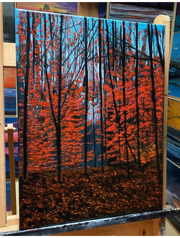 Sky Blue Fall Red Forest Oil Painting