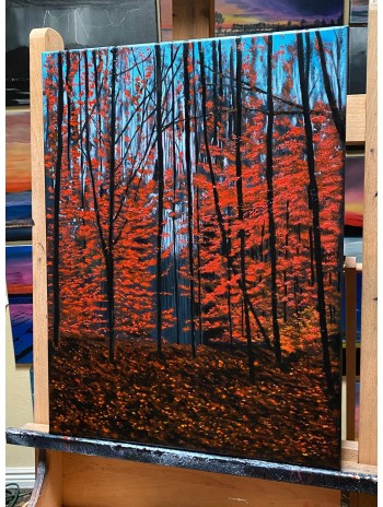 Sky Blue Fall Red Forest Oil Painting