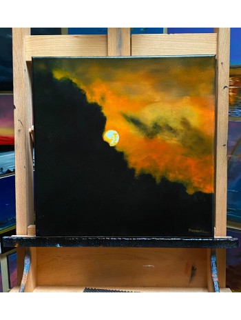 Blood Orange Moon Dark Cloudy Skies Painting