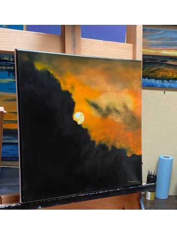 Blood Orange Moon Dark Cloudy Skies Painting