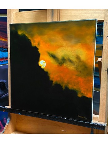 Blood Orange Moon Dark Cloudy Skies Painting