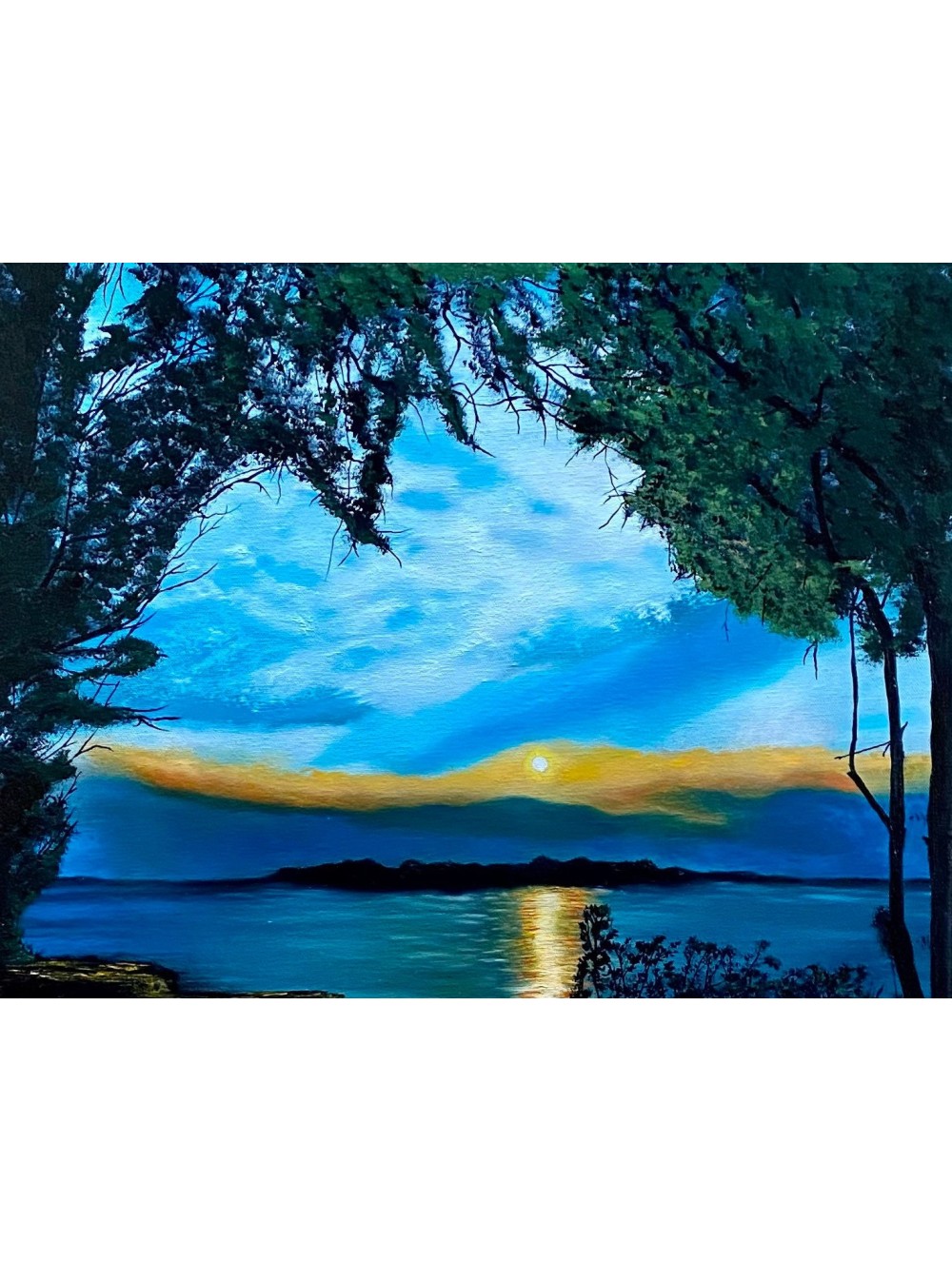 Serene Sunset Tree Swept Waters Oil Painting