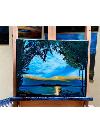 Serene Sunset Tree Swept Waters Oil Painting