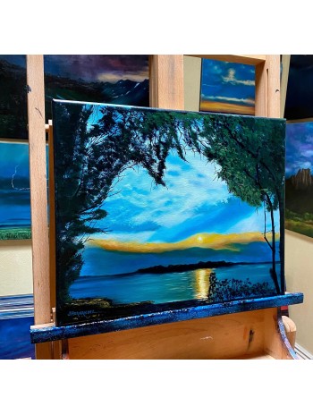 Serene Sunset Tree Swept Waters Oil Painting