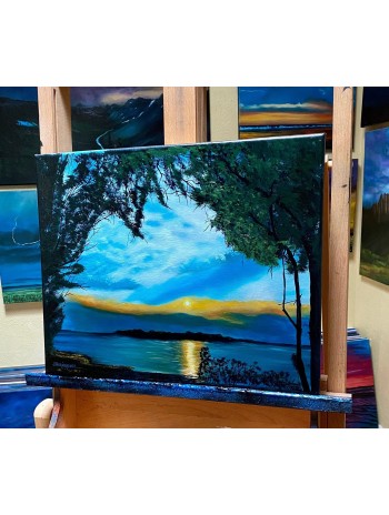 Serene Sunset Tree Swept Waters Oil Painting